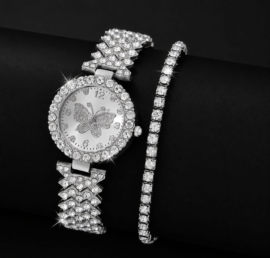 Womens Butterfly Quartz Watch And Bracelet Set