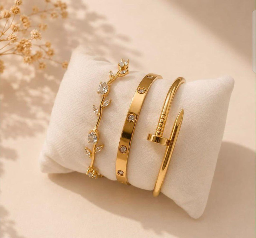 3-Piece Golden Cartier & Nail Style Bracelet Set